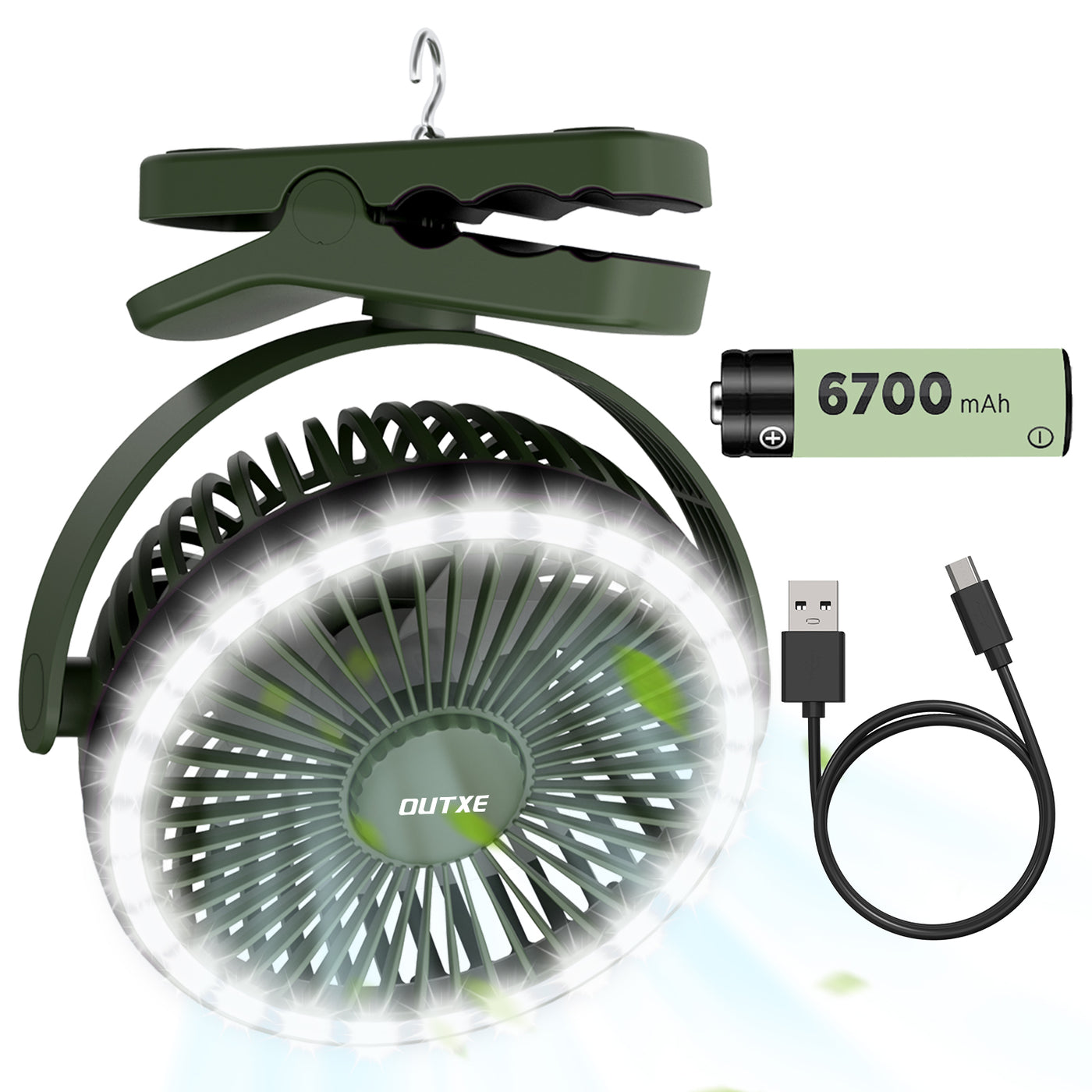 OUTXE USB Portable Camping Fan with LED Light