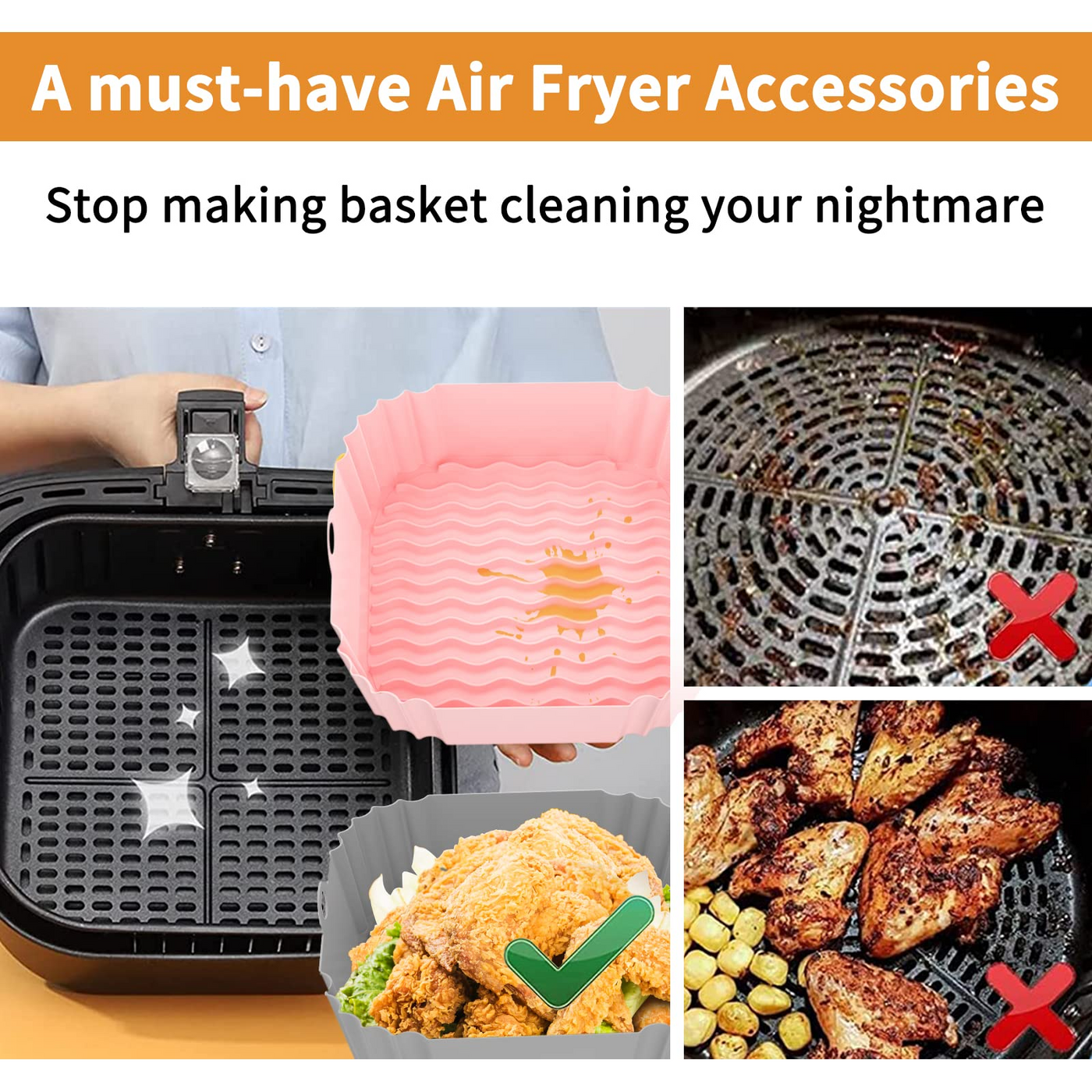 OUTXE Reusable Square Air Fryer Silicone Liner 8inch (4 to 7QT)