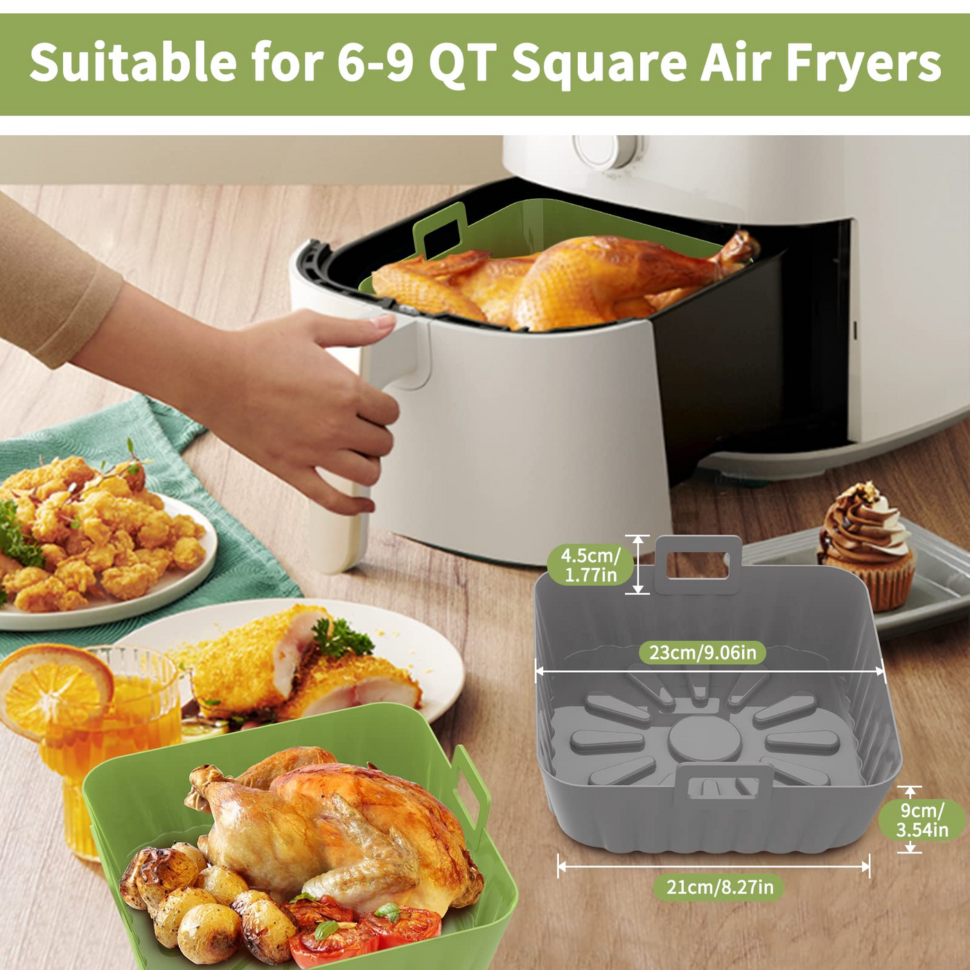 Air Fryer Insert Foldable Rectangular/Square/Rounded Liner Oil Resistant  and Flexible Tray with Handle for Home Making Fried Chicken Pink Folding A