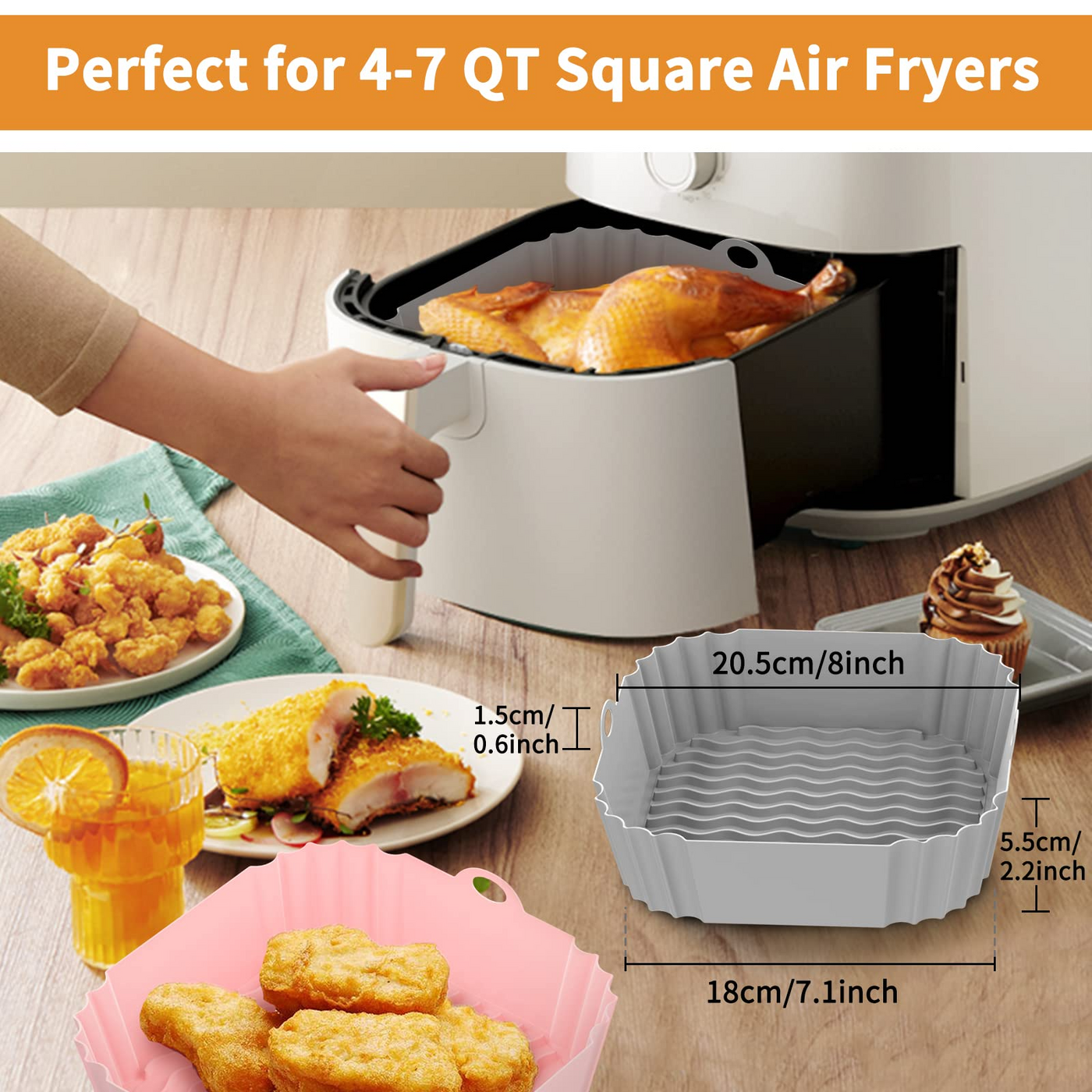 OUTXE Reusable Square Air Fryer Silicone Liner 8inch (4 to 7QT)