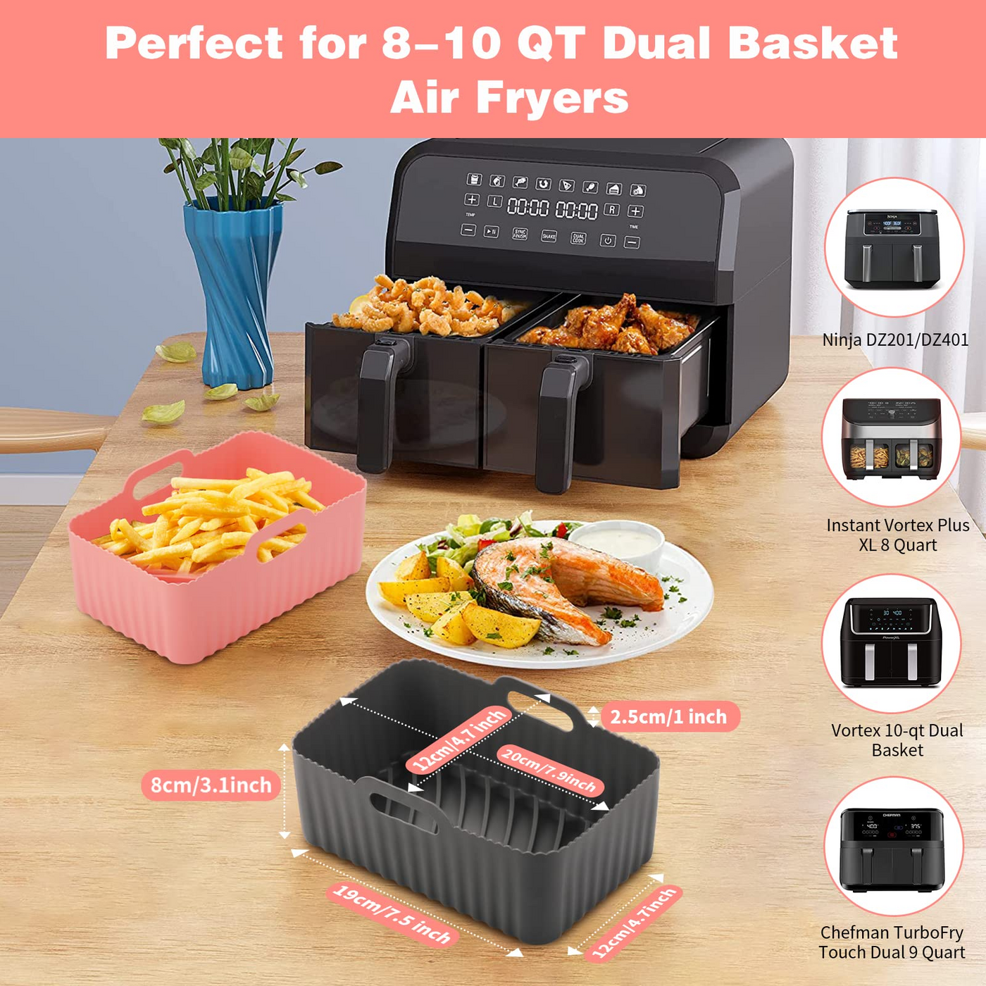 OUTXE Reusable Dual Silicone Air Fryer Liner for Ninja DZ201/DZ401 (8 to 10QT)